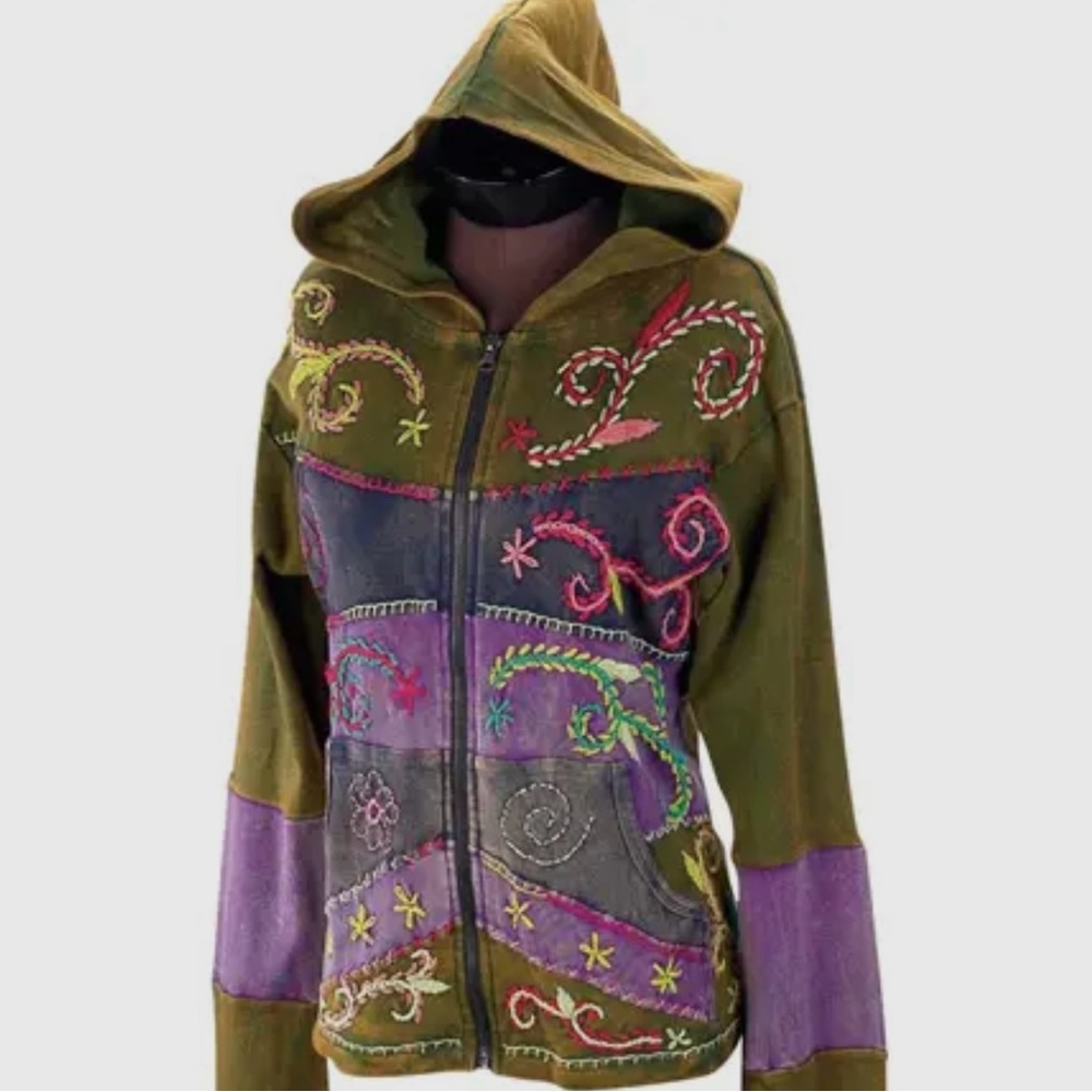 NWT Handcrafted Green Floral Stitched Hooded Jacket